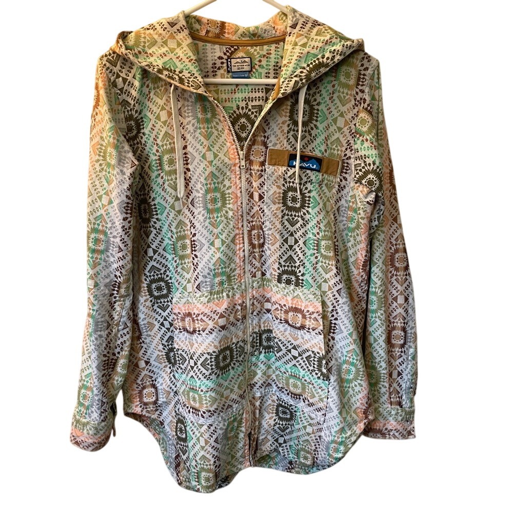 KAVU Southwestern Geometric Full Zip Hoodie Jacket Green Orange Womens Medium
